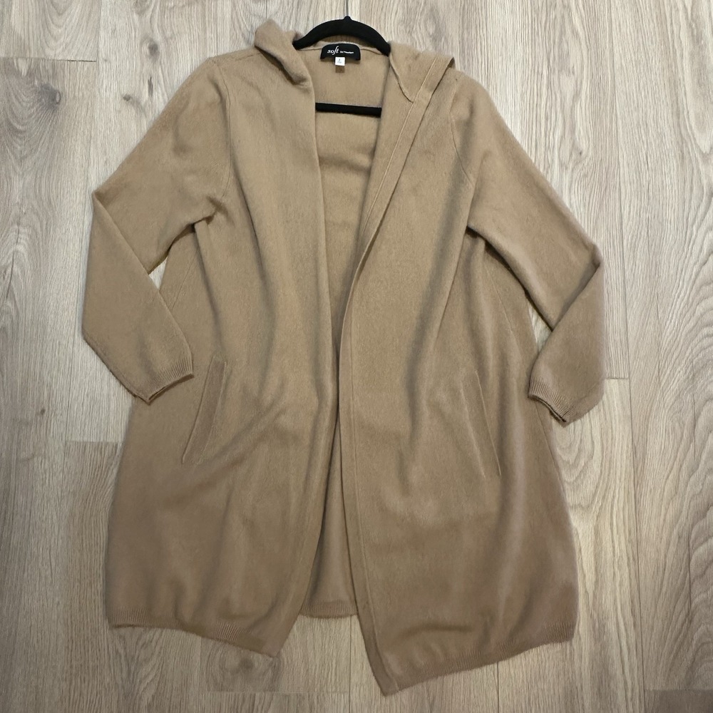 Soft By Naadam 100% Cashmere Cardigan With Hood Longline Size Small Beige Flaw